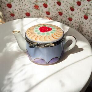 Authentic Limoges Strawberry Teapot Trinket Box, Engagement Ring Box, Pillbox
